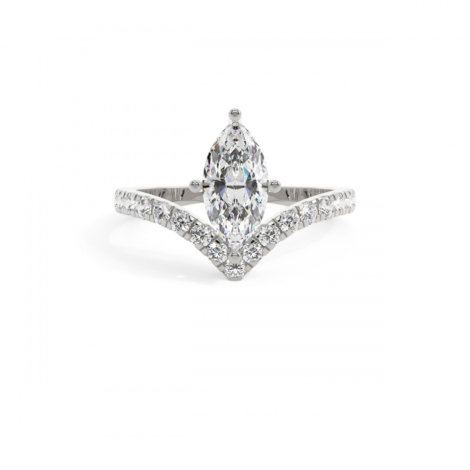 18k White Gold Marquise V Shank Solitaire Engagement Ring