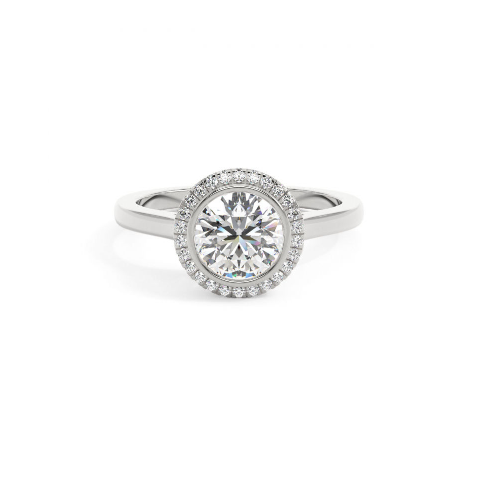 18k White Gold Round Bezel Halo Engagement Ring