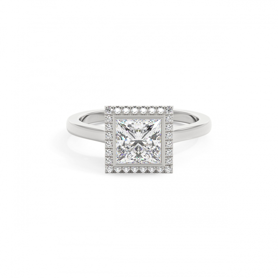 18k White Gold Princess Bezel Halo Engagement Ring