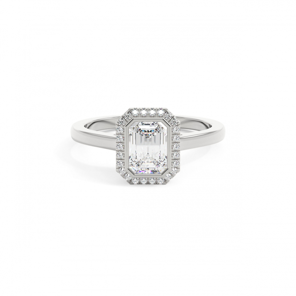 18k White Gold Emerald Bezel Halo Engagement Ring