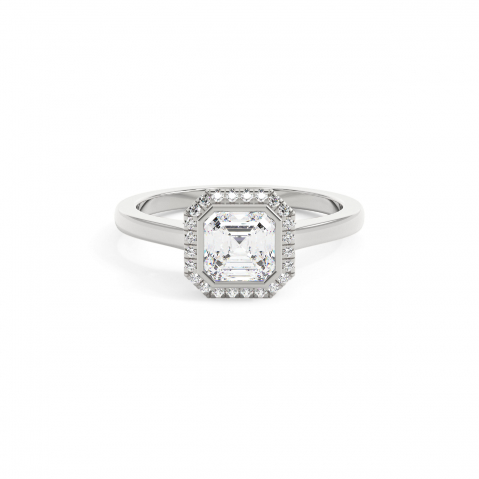 18k White Gold Ascher Bezel Halo Engagement Ring