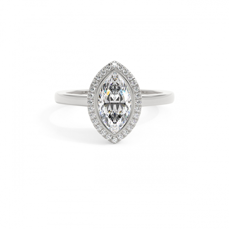 18k White Gold Marquise Bezel Halo Engagement Ring